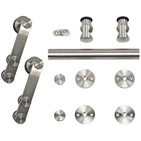 Hager 9436 Stainless Steel Barn Door Track Set with Hardware Kit, Round Rail Track with Face-Mount Hanger for Wood or Glass Doors