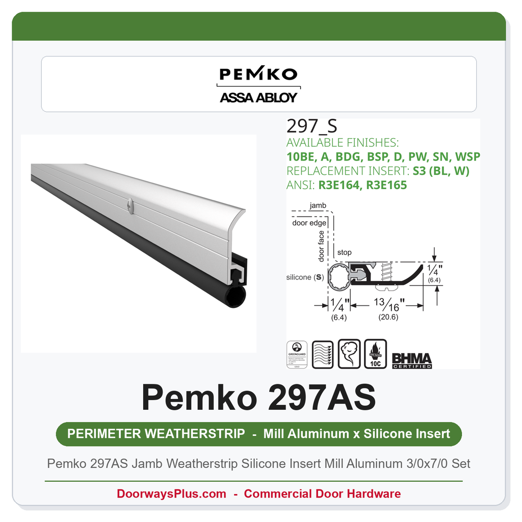 Pemko 297AS Jamb Weatherstrip Silicone Insert Mill Aluminum 3/0x7/0 Set | UL 10C & UL 1784