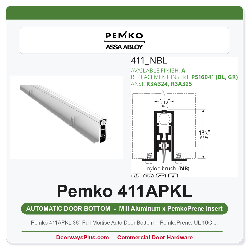 Pemko 411APKL 36" Full Mortise Auto Door Bottom – PemkoPrene, UL 10C Fire Rated