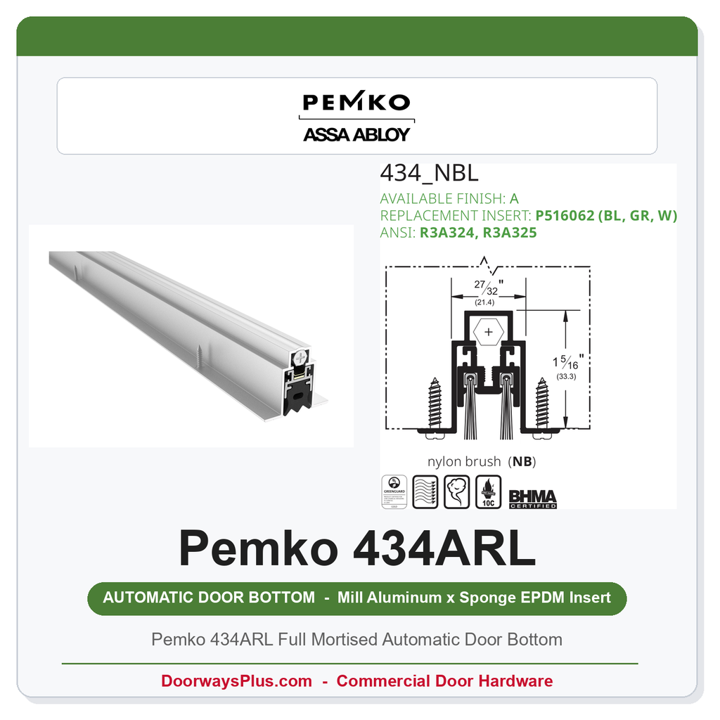 Pemko 434ARL Full Mortised Automatic Door Bottom | Aluminum, EPDM, UL 10C Fire Rated