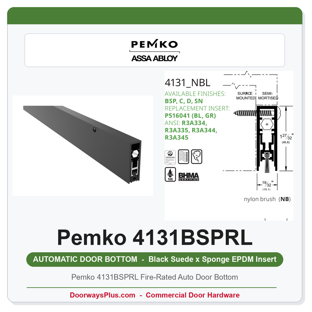 Pemko 4131BSPRL Fire-Rated Auto Door Bottom | Black Suede 3/4" Drop | UL 10C