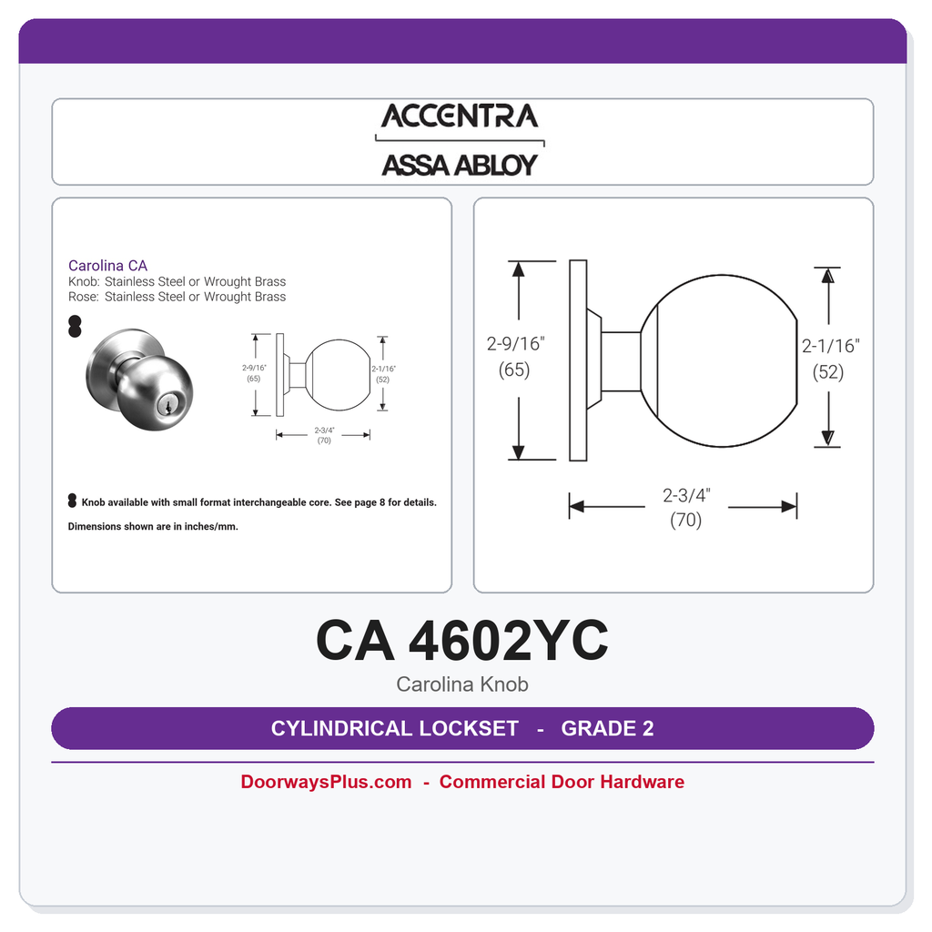Accentra CA 4602YC Grade 2 Privacy Knob Latchset | 630 Satin Stainless Steel