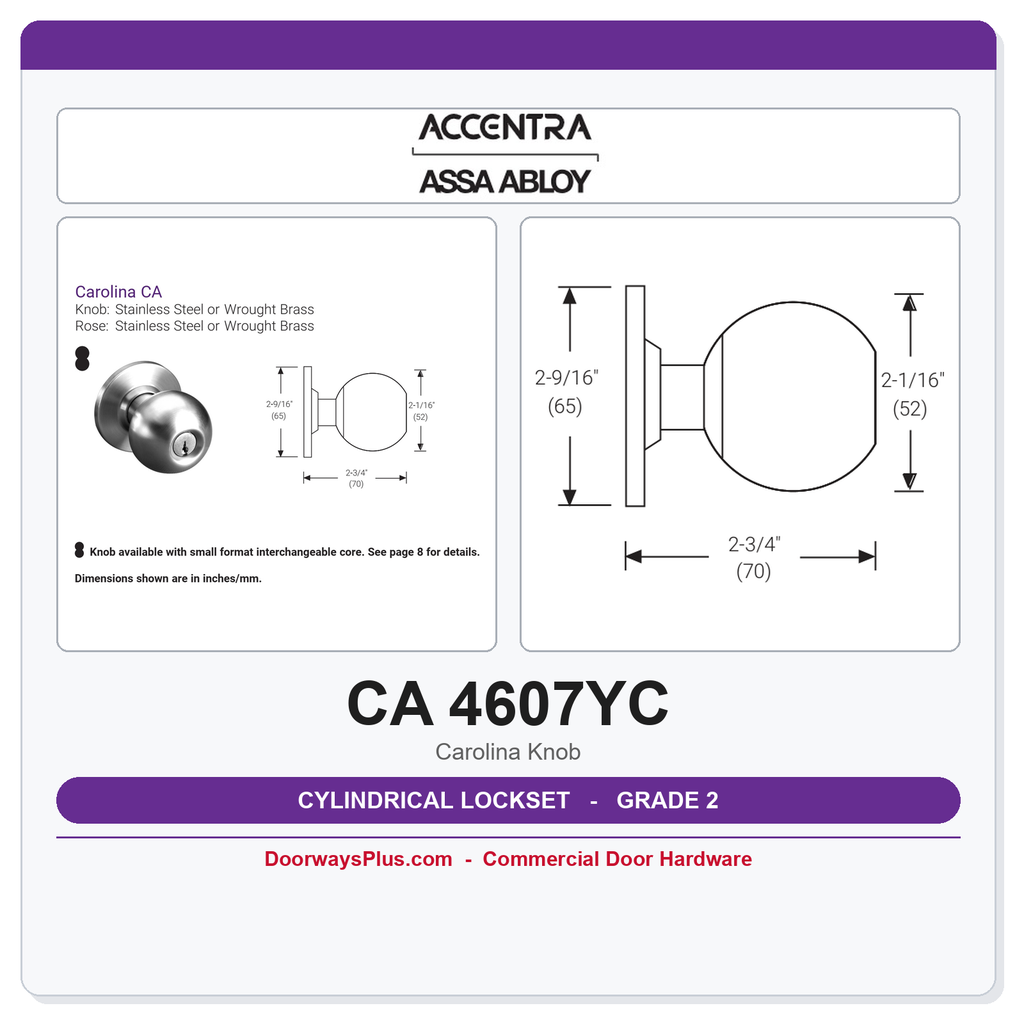 Accentra CA 4607YC Grade 2 Office Entry Knob Lockset – Satin Chrome (US32D)