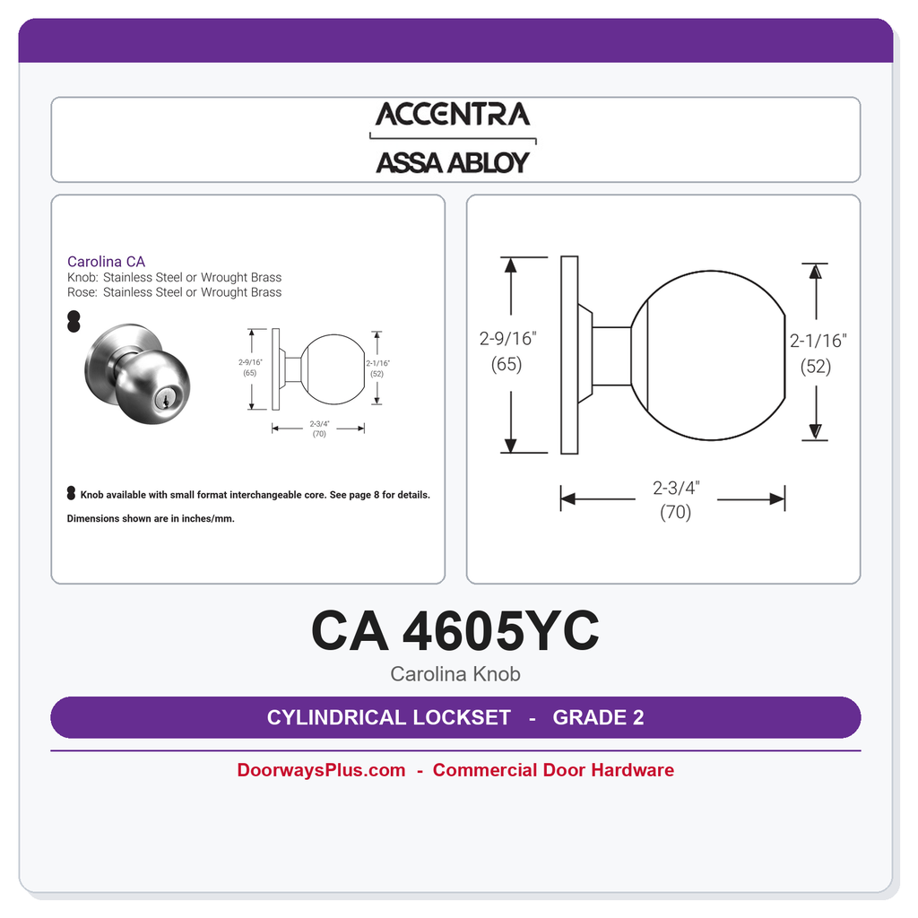 Accentra CA 4605YC Grade 2 Storeroom Knob Lockset | ANSI F86 | UL Fire Rated