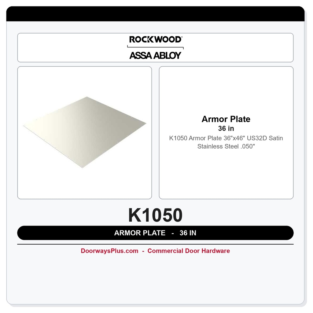 Rockwood K1050 Armor Plate 36"x46" | US32D Satin Stainless Steel | .050"