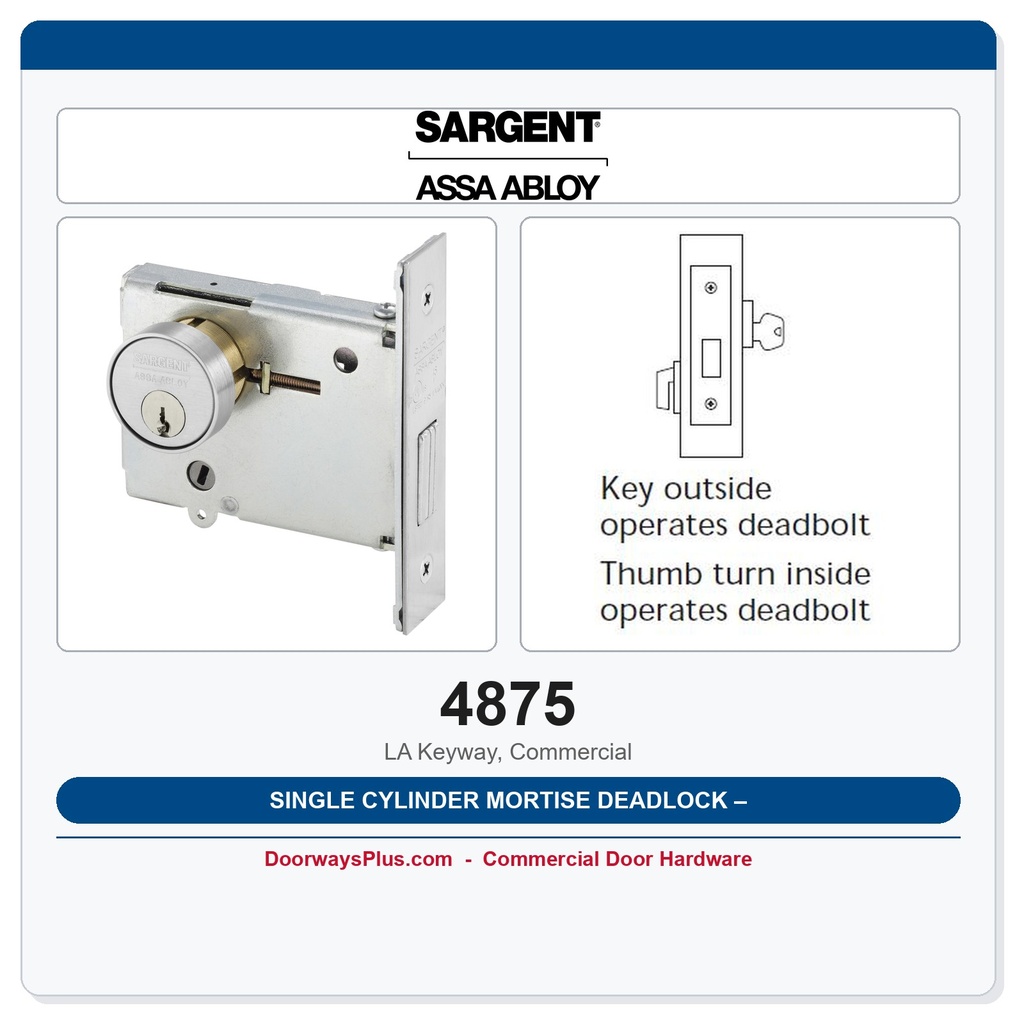 Sargent 4875 Single Cylinder Mortise Deadlock – LA Keyway, Commercial