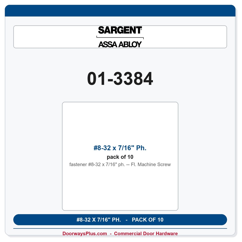 Sargent 01-3384 #8-32 x 7/16" Ph. Fl. Machine Screw - Pack of 10