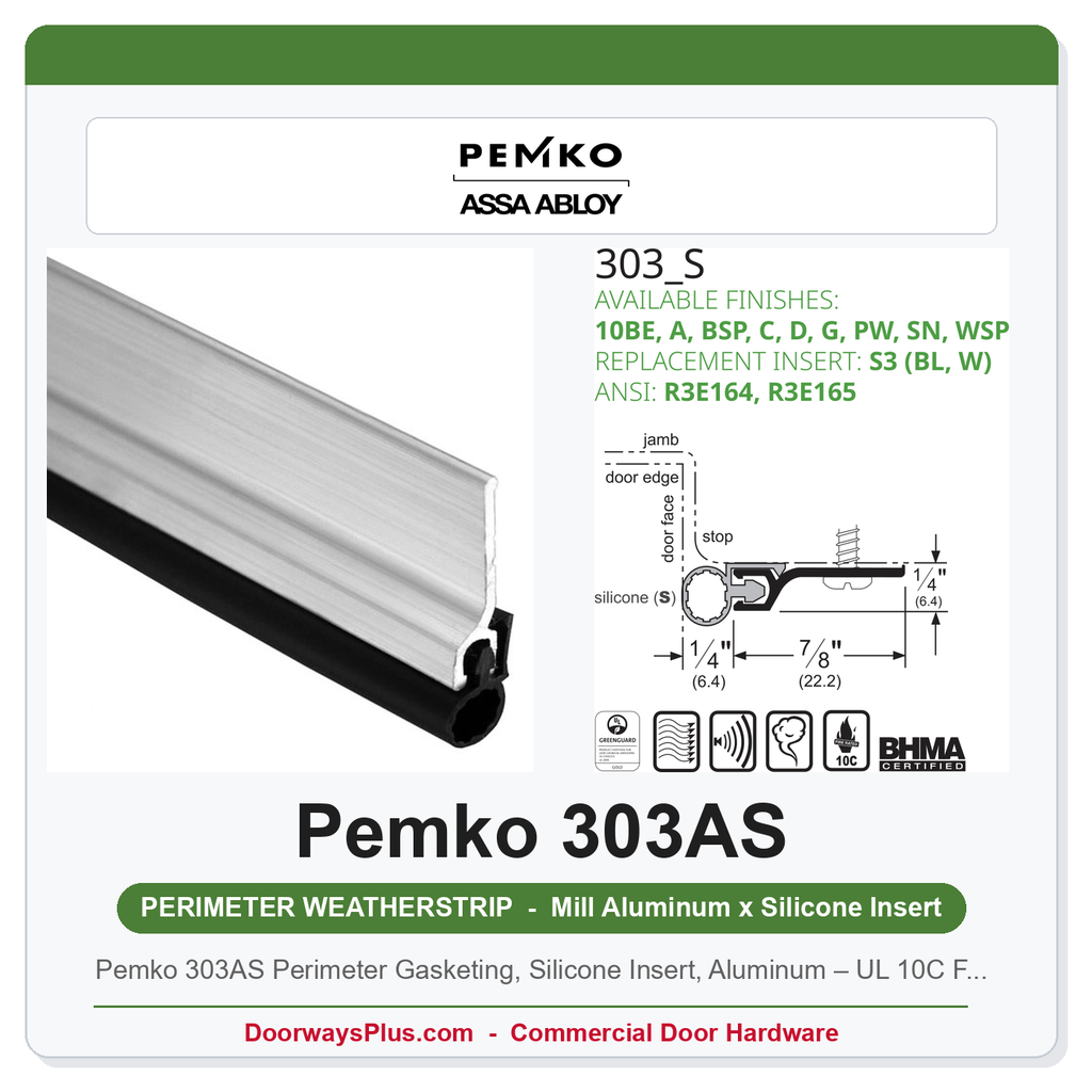 Pemko 303AS Perimeter Gasketing, Silicone Insert, Aluminum – UL 10C Fire & Smoke Rated