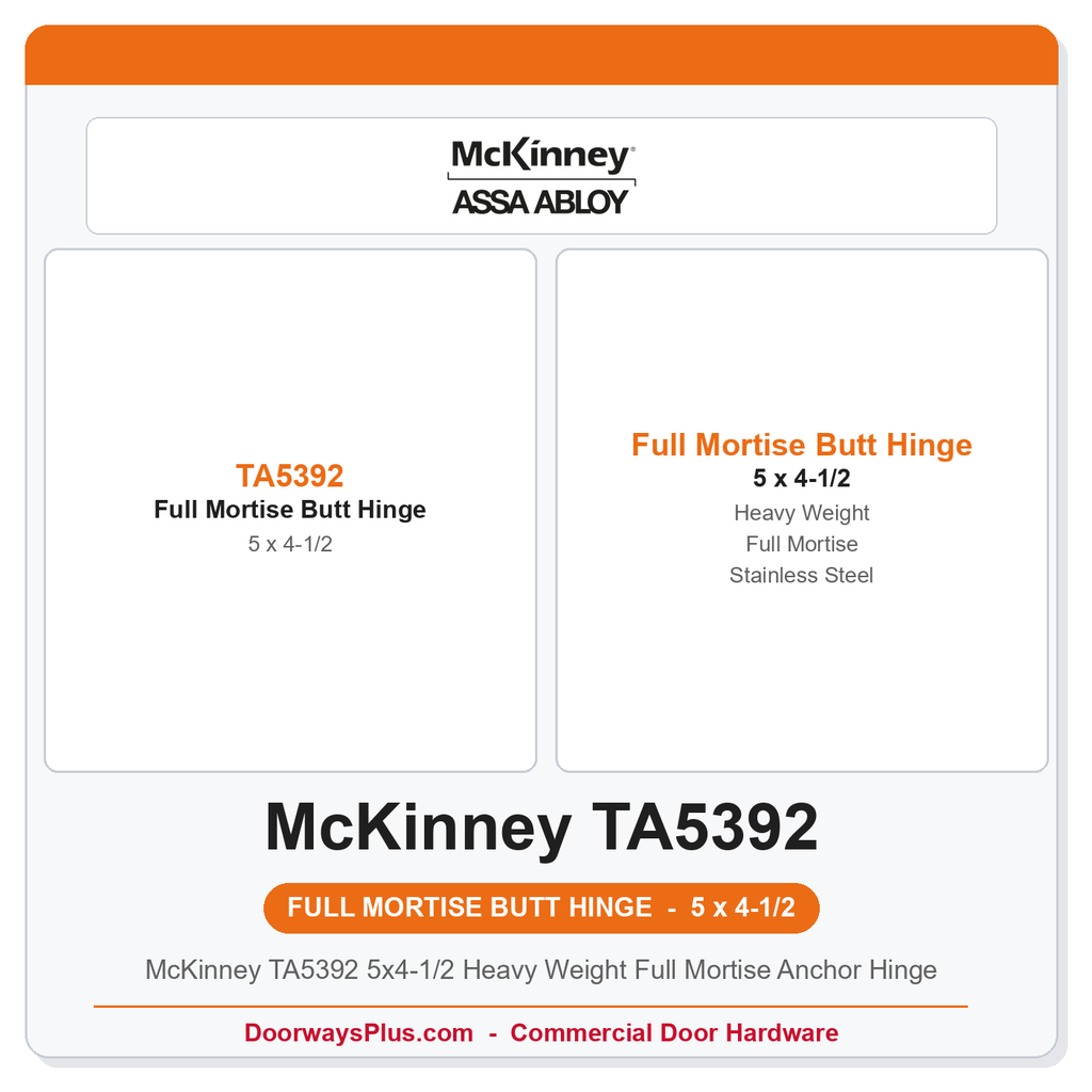 McKinney TA5392 5x4-1/2 Heavy Weight Full Mortise Anchor Hinge | Beveled Edge | Stainless Steel