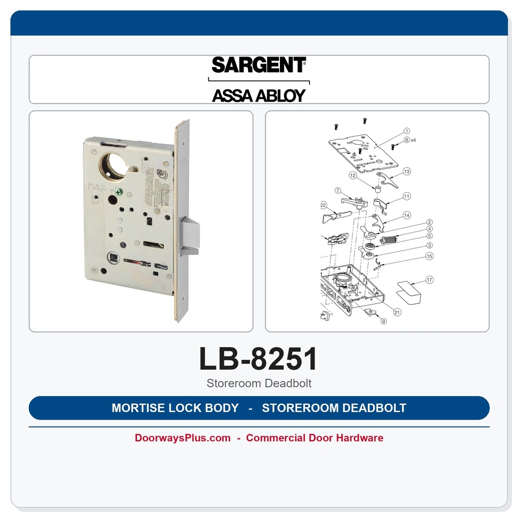 Sargent LB-8251 Mortise Lock Body – 8200 Series Storeroom Deadbolt Function (Case Only)