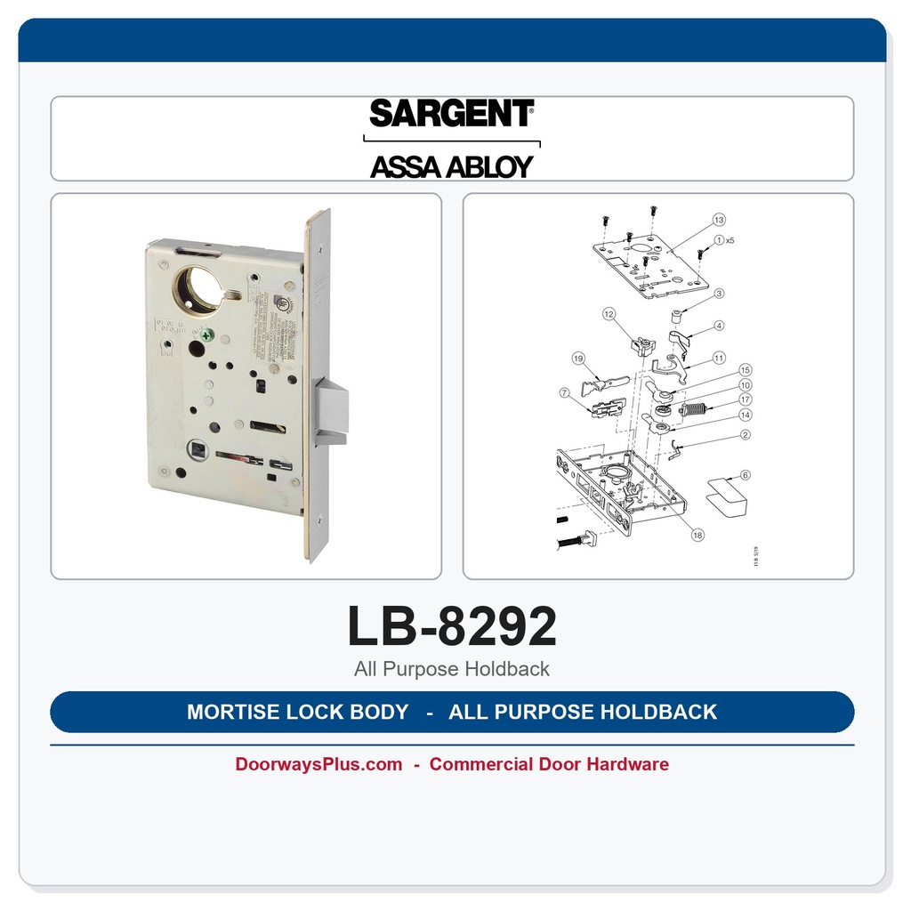 Sargent LB-8292 Mortise Lock Body – 8200 Series All Purpose Holdback Function