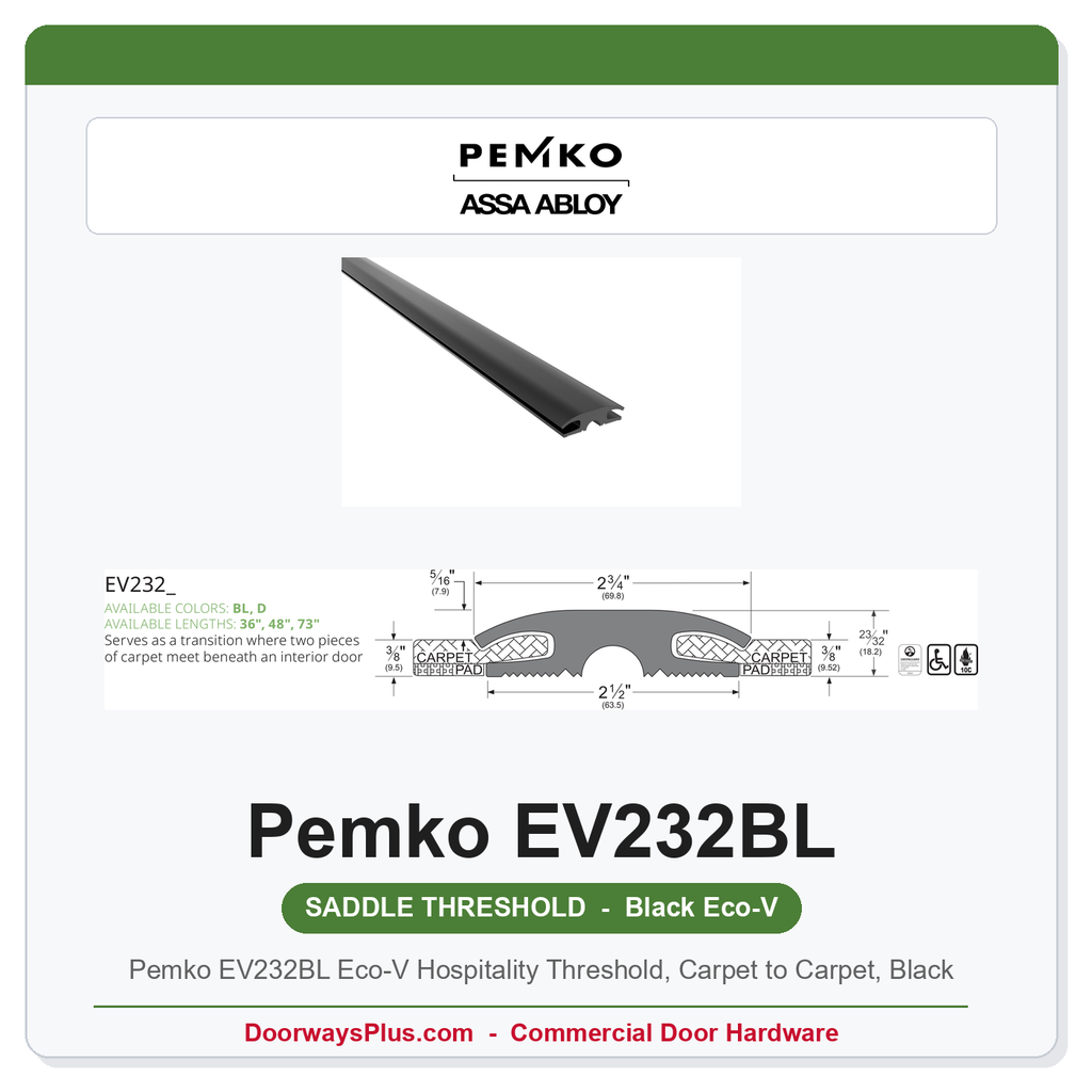 Pemko EV232BL Eco-V Hospitality Threshold, Carpet to Carpet, Black