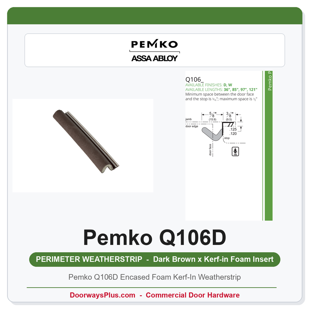 Pemko Q106D Encased Foam Kerf-In Weatherstrip | 5/8" Reach, Dark Brown, 97"
