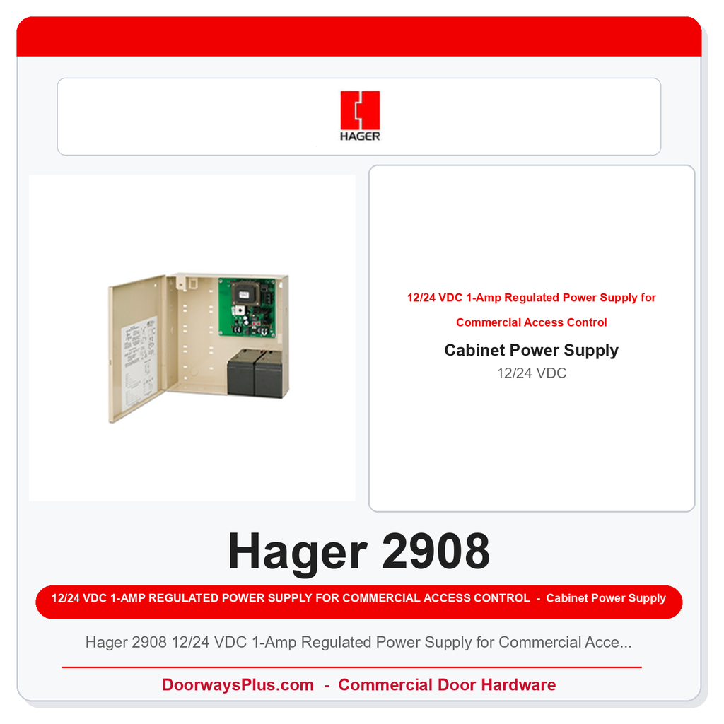 Hager 2908 12/24 VDC 1-Amp Regulated Power Supply | 120VAC Input | Commercial Access Control