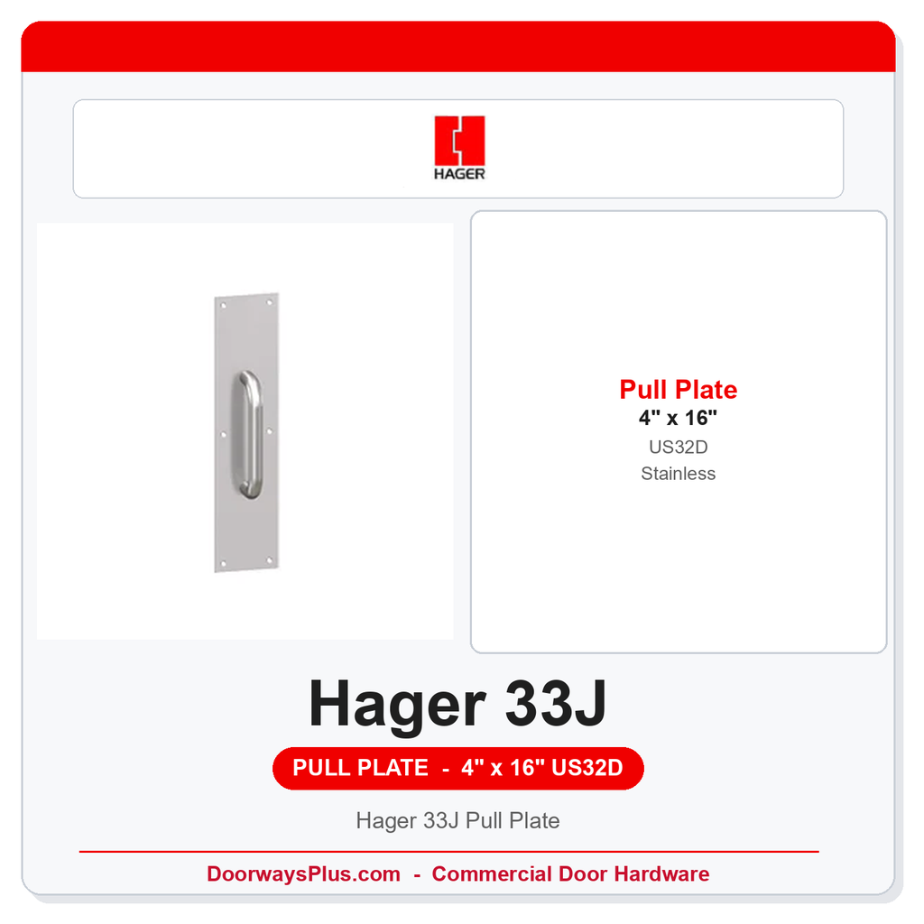 Hager 33J Pull Plate | 4" x 16" | 10" CTC | US32D Satin Stainless Steel