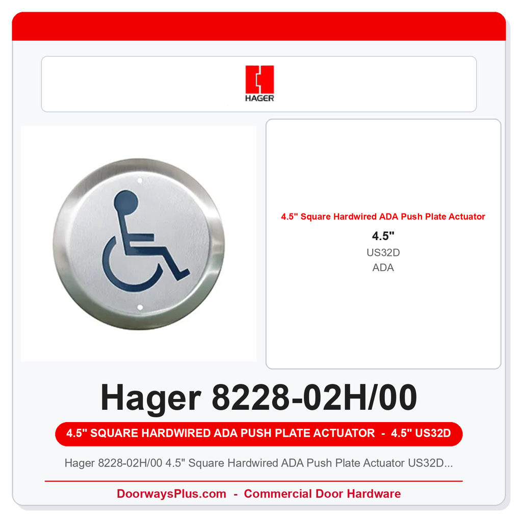 Hager 8228-02H/00 4.5" Square Hardwired ADA Push Plate Actuator US32D Blue