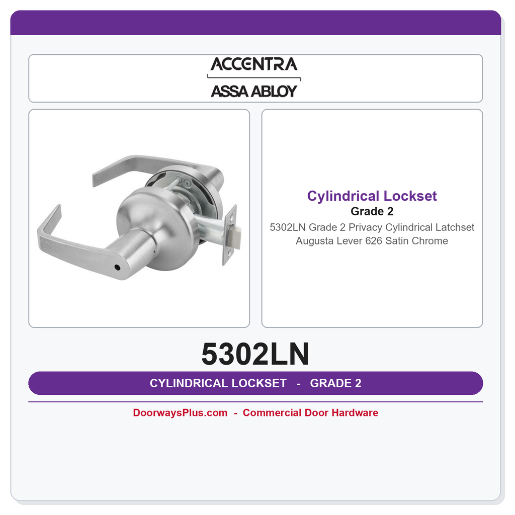 Accentra 5302LN Grade 2 Privacy Cylindrical Latchset | Augusta Lever | 626 Satin Chrome