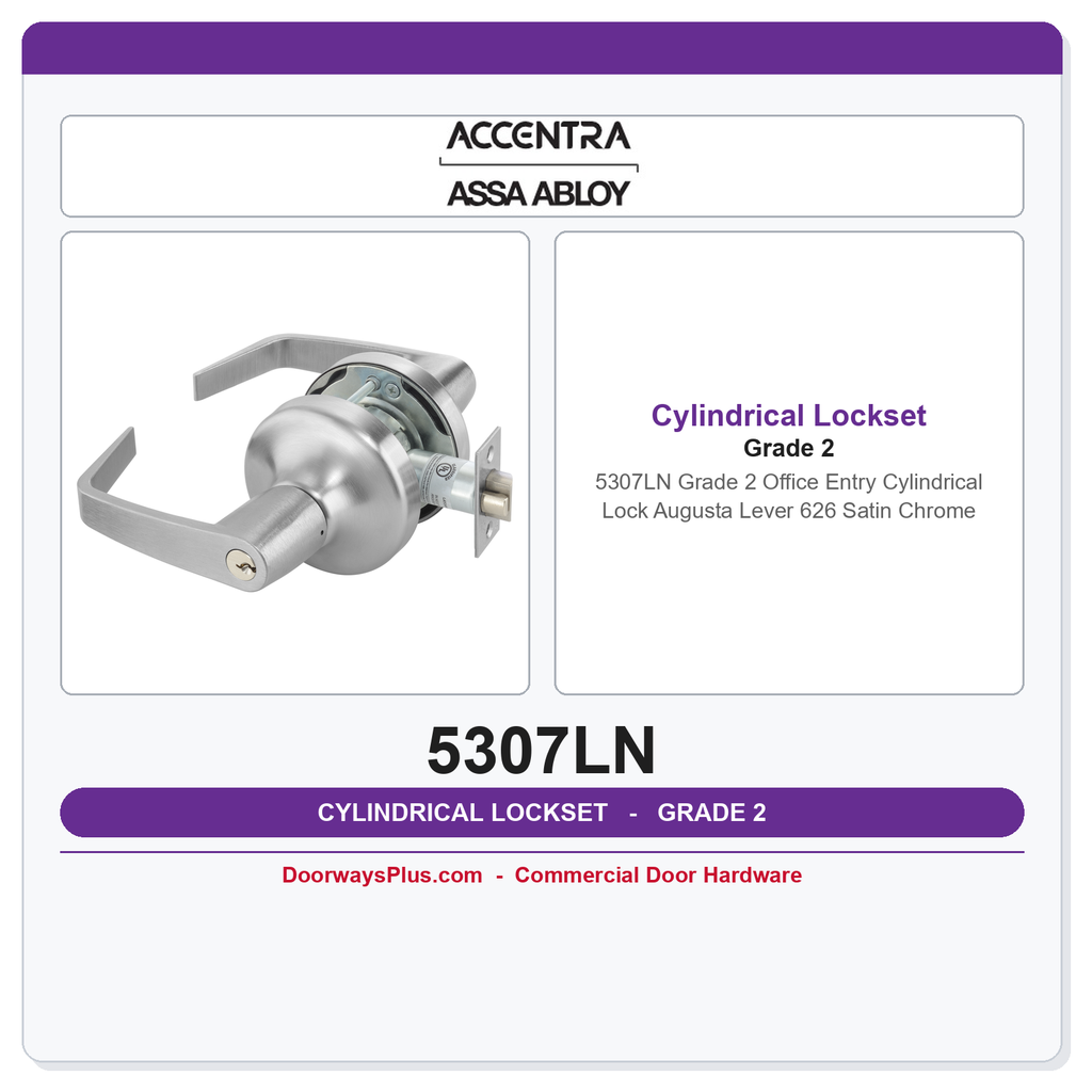 Accentra 5307LN Grade 2 Office Entry Cylindrical Lock | Augusta Lever | 626 Satin Chrome