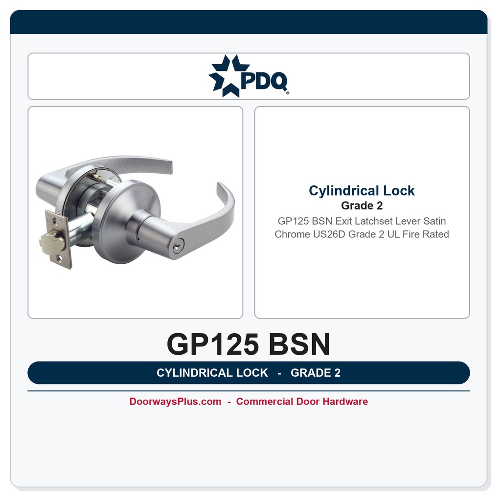 PDQ GP125 BSN Exit Latchset Lever Satin Chrome US26D | Grade 2 UL Fire Rated
