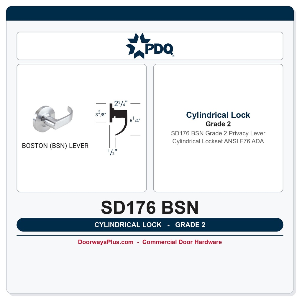 PDQ SD176 BSN Grade 2 Privacy Lever Cylindrical Lockset | ANSI F76 ADA