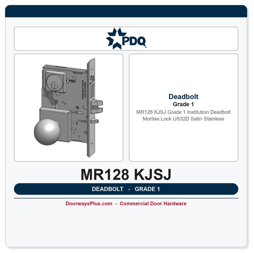 PDQ MR128 KJSJ Grade 1 Institution Deadbolt Mortise Lock US32D Satin Stainless