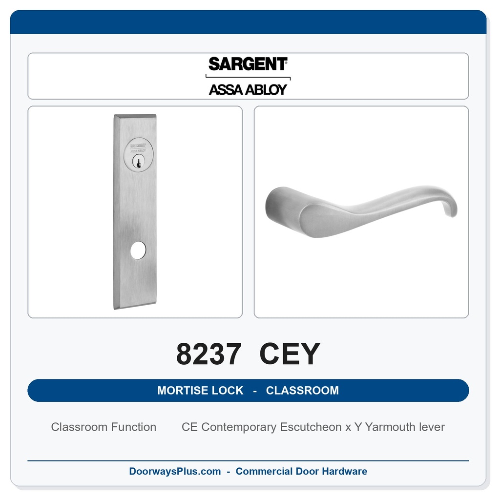 Sargent 8237 CEY Trim Classroom Mortise Lockset | LA Keyway, Grade 1 Commercial