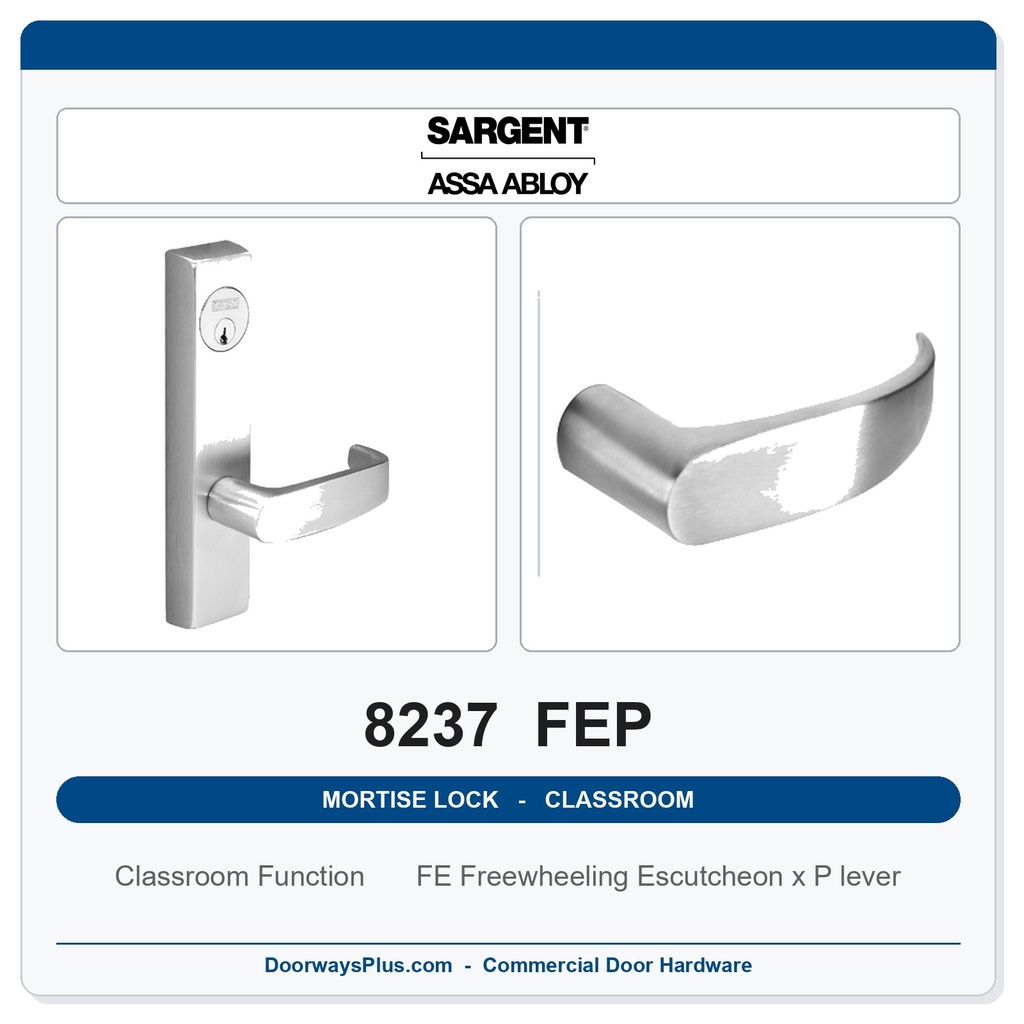 Sargent 8237 FEP Trim Classroom Mortise Lockset | LA Keyway, Grade 1 Commercial