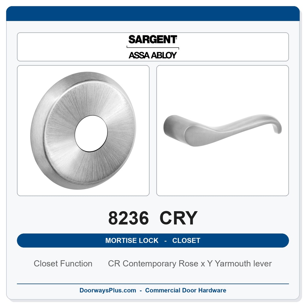 Sargent 8236 CRY Trim Closet Mortise Lockset | LA Keyway, Grade 1 Commercial