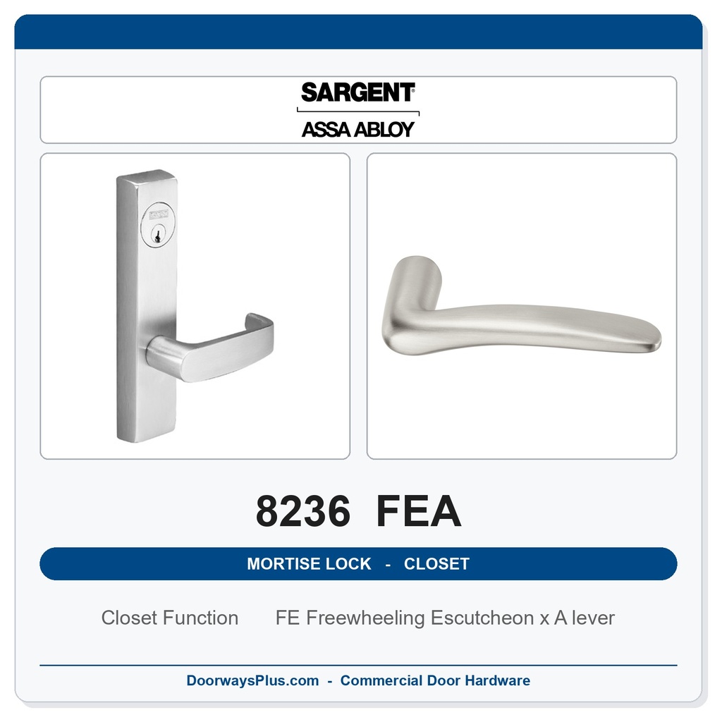 Sargent 8236 FEA Trim Closet Mortise Lockset | LA Keyway, Grade 1 Commercial