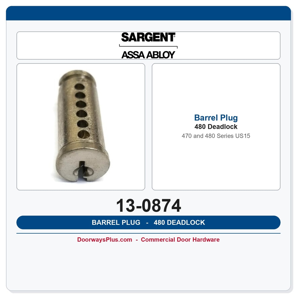 Sargent 13-0874 Cylinder Barrel Plug – 480 & 470 Deadlock, US15 Satin Nickel