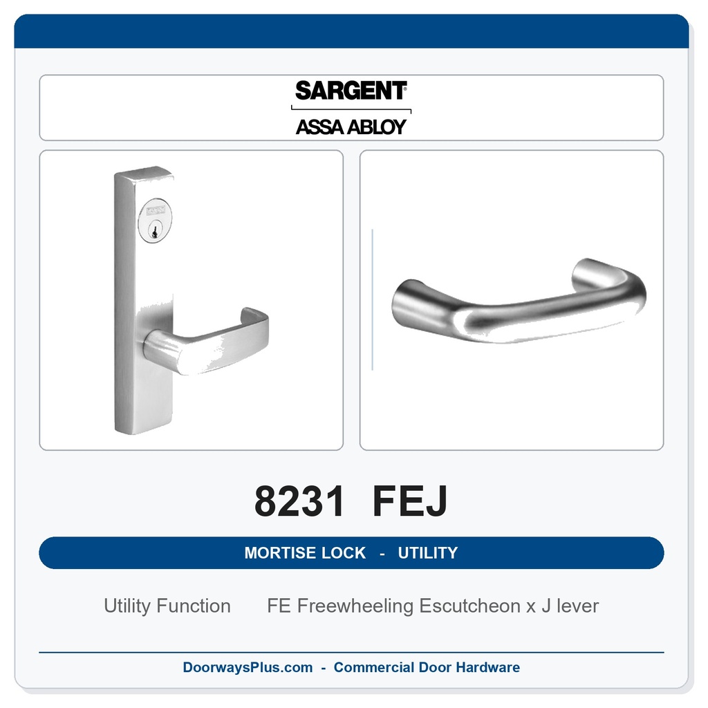 Sargent 8231 FEJ Trim Utility Mortise Lockset | LA Keyway, Grade 1 Commercial