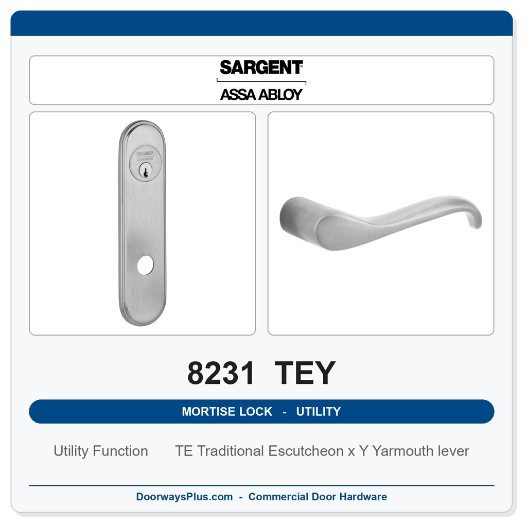 Sargent 8231 TEY Trim Utility Mortise Lockset | LA Keyway, Grade 1 Commercial