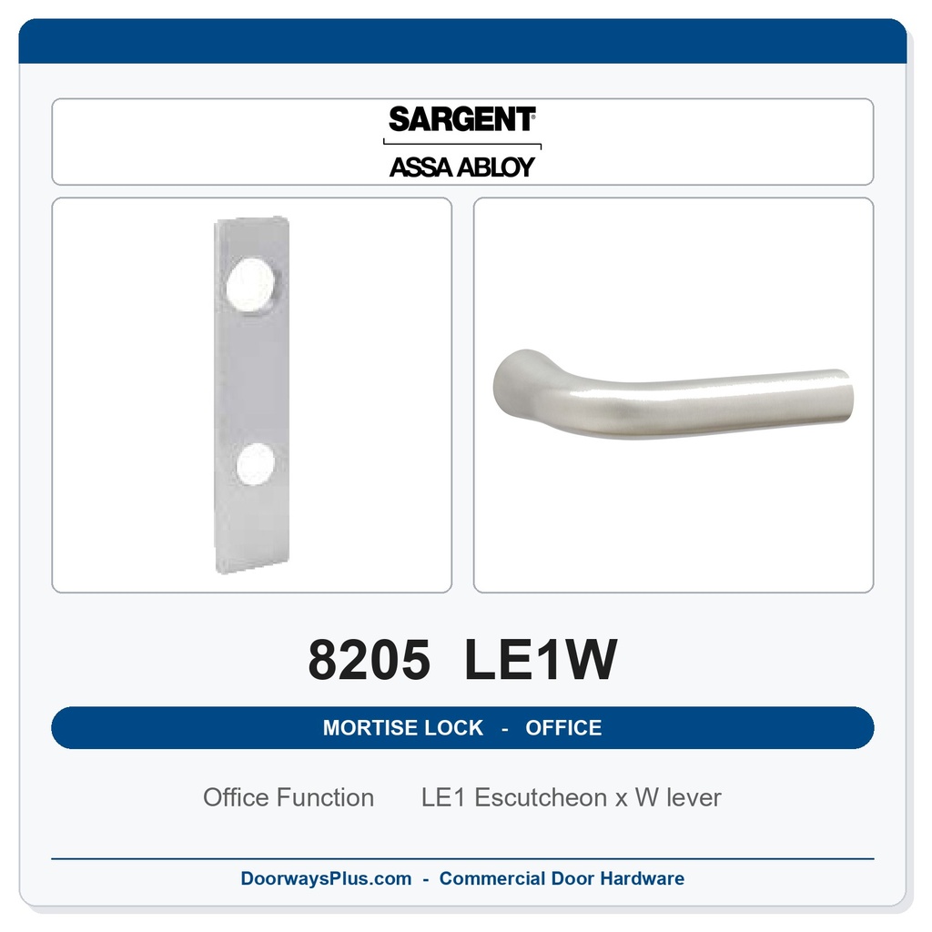 Sargent 8205 LE1W Trim Office or Entry Mortise Lockset | LA Keyway, Grade 1 Commercial