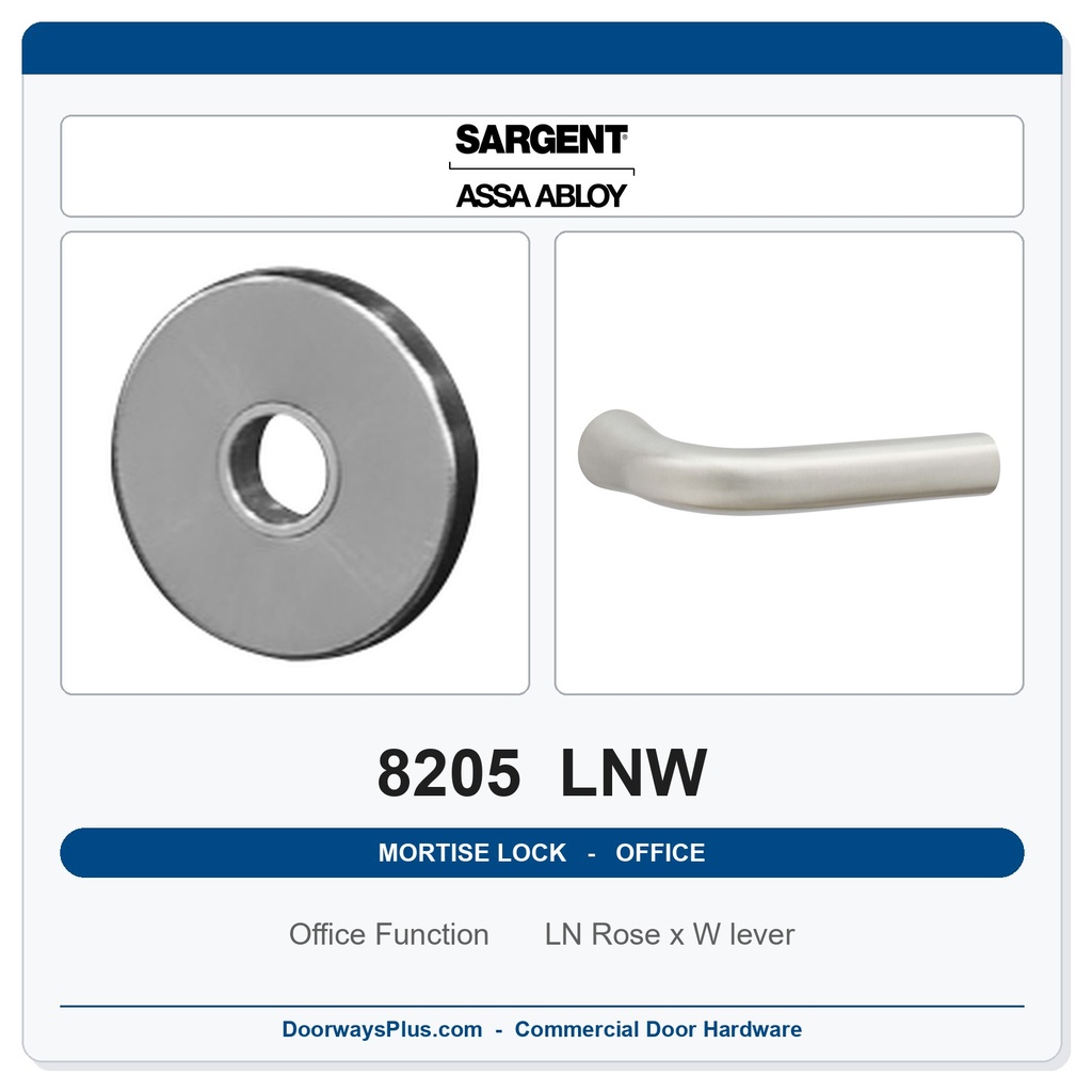 Sargent 8205 LNW Trim Office or Entry Mortise Lockset | LA Keyway, Grade 1 Commercial