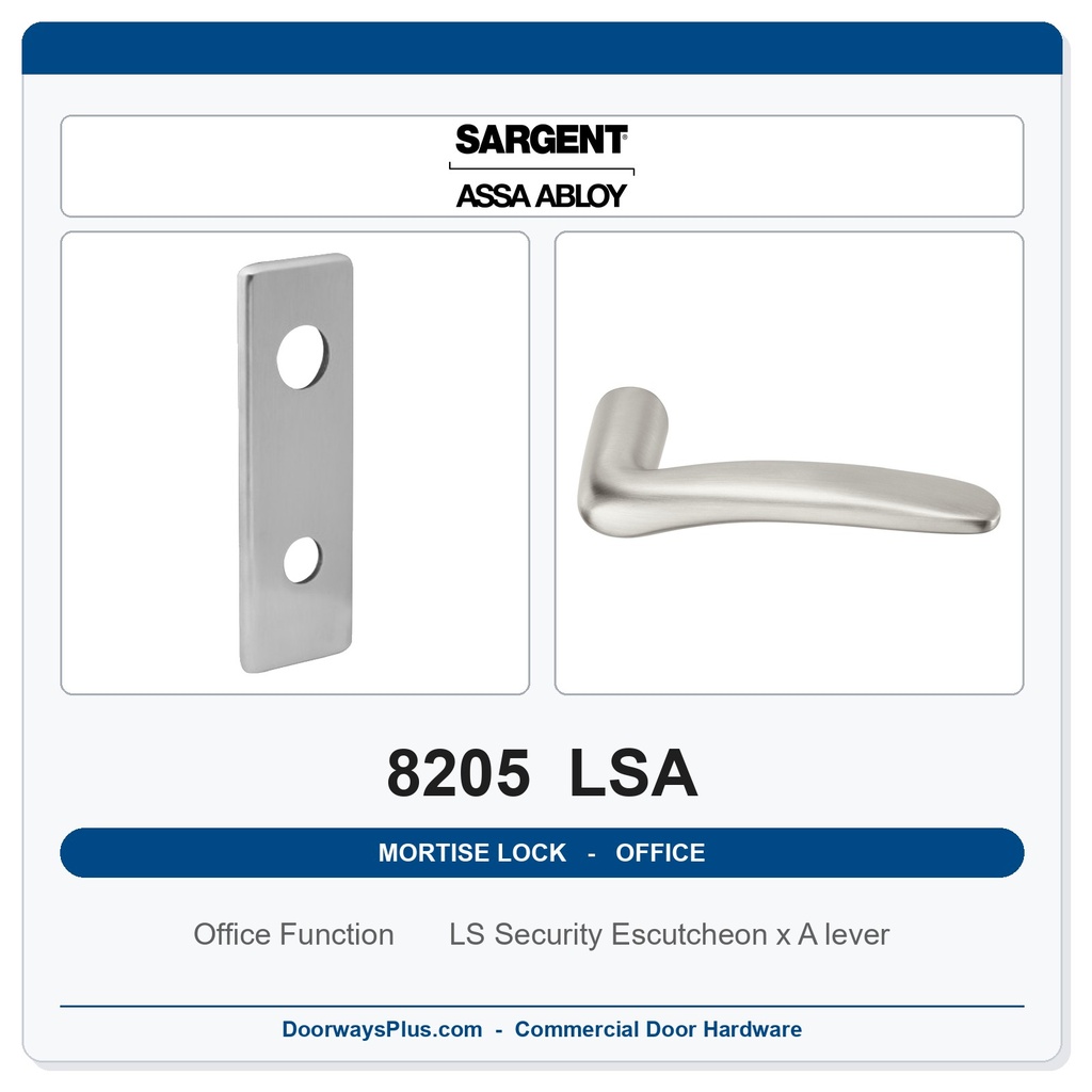 Sargent 8205 LSA Trim Office or Entry Mortise Lockset | LA Keyway, Grade 1 Commercial