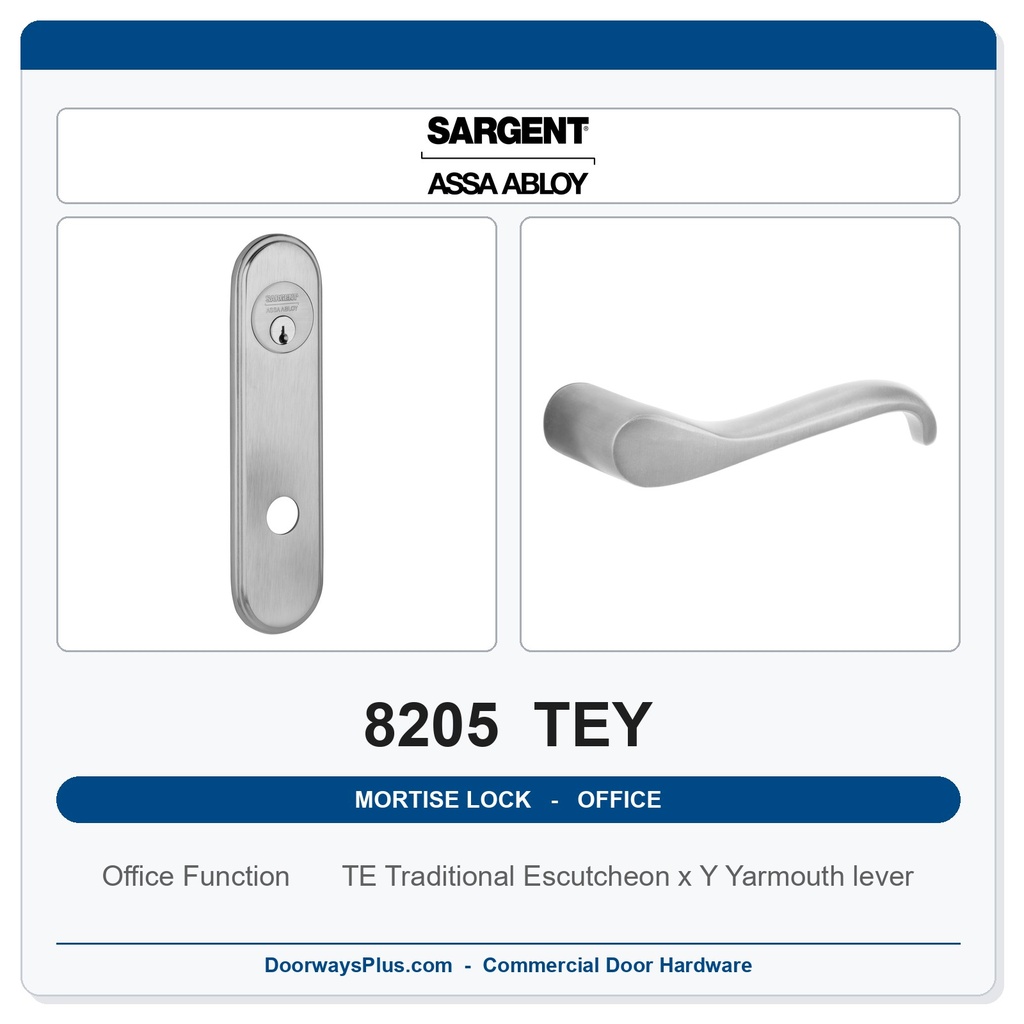 Sargent 8205 TEY Trim Office or Entry Mortise Lockset | LA Keyway, Grade 1 Commercial