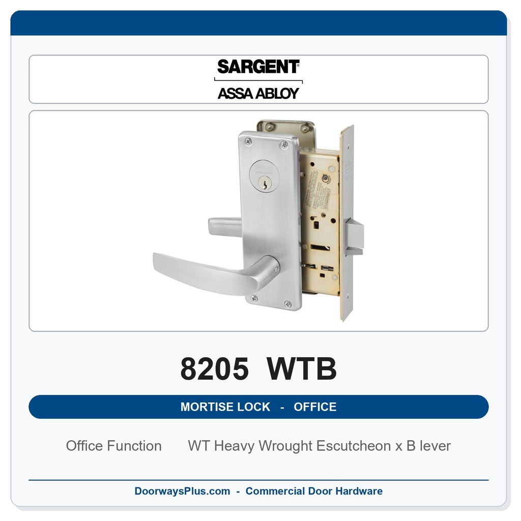 Sargent 8205 WTB Trim Office or Entry Mortise Lockset | LA Keyway, Grade 1 Commercial