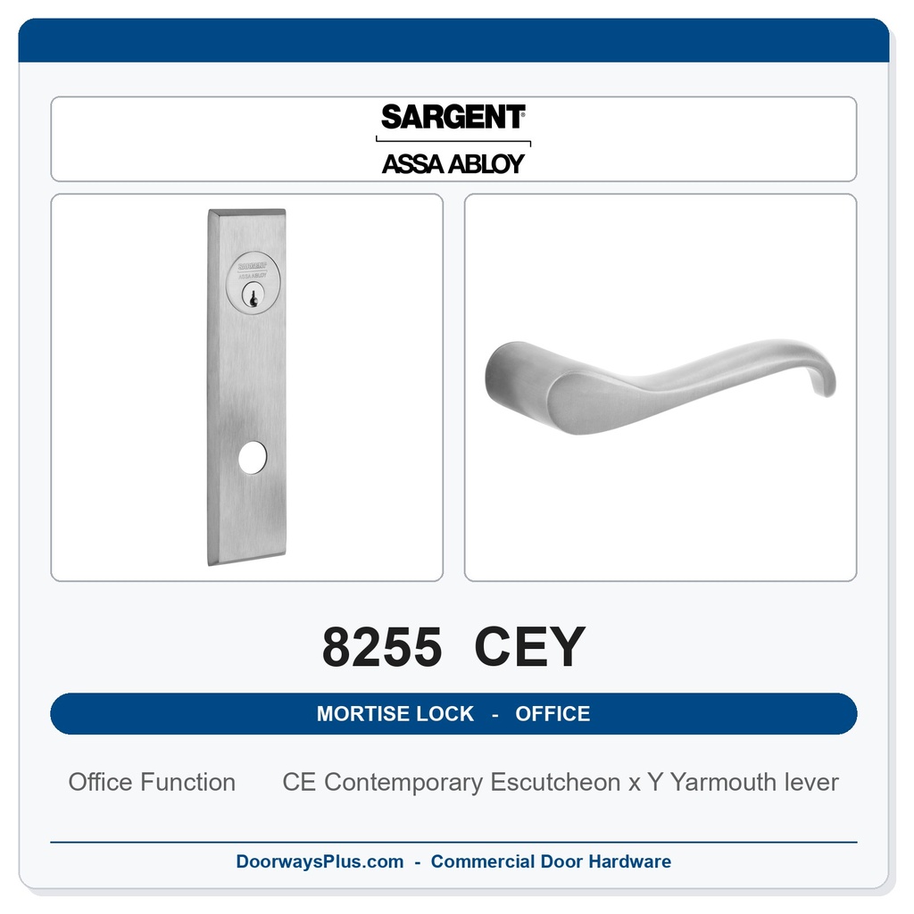 Sargent 8255 CEY Trim Office or Entry Mortise Lockset | LA Keyway, Grade 1 Commercial