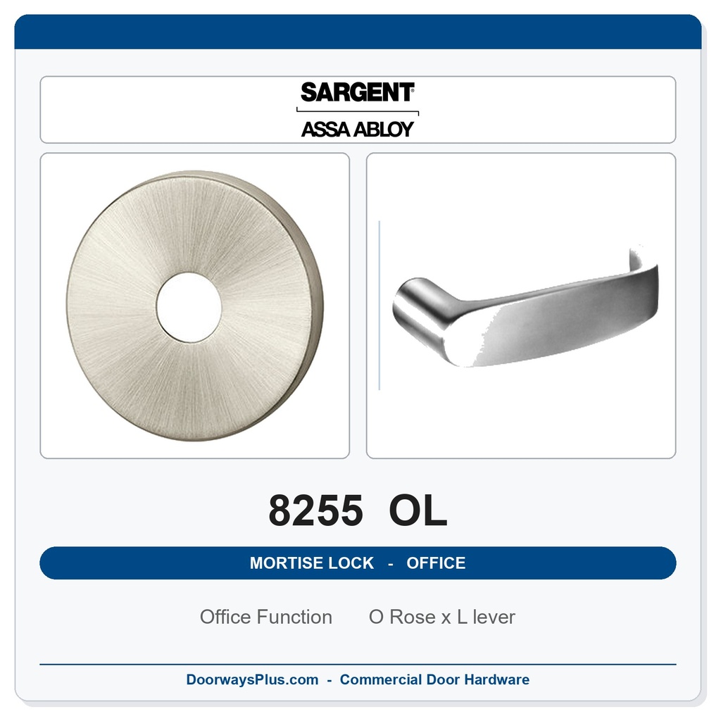 Sargent 8255 OL Trim Office or Entry Mortise Lockset | LA Keyway, Grade 1 Commercial