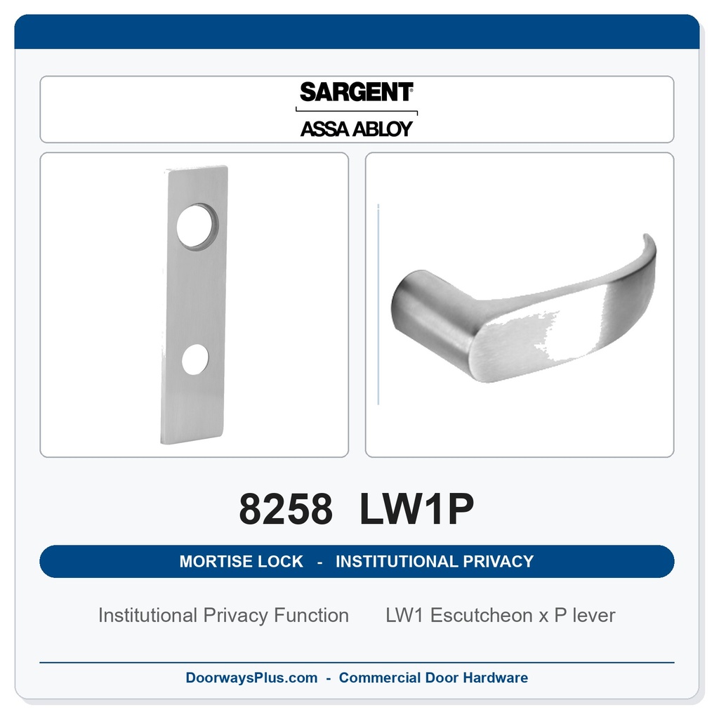 Sargent 8258 LW1P Institutional Privacy Mortise Lockset | Grade 1, LA Keyway