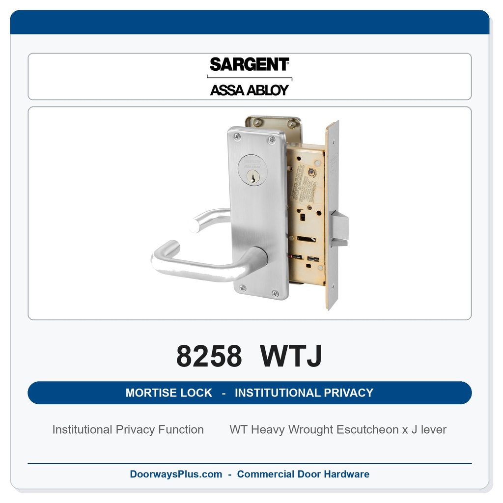 Sargent 8258 WTJ Trim Institutional Privacy Mortise Lockset | LA Keyway, Grade 1 Commercial