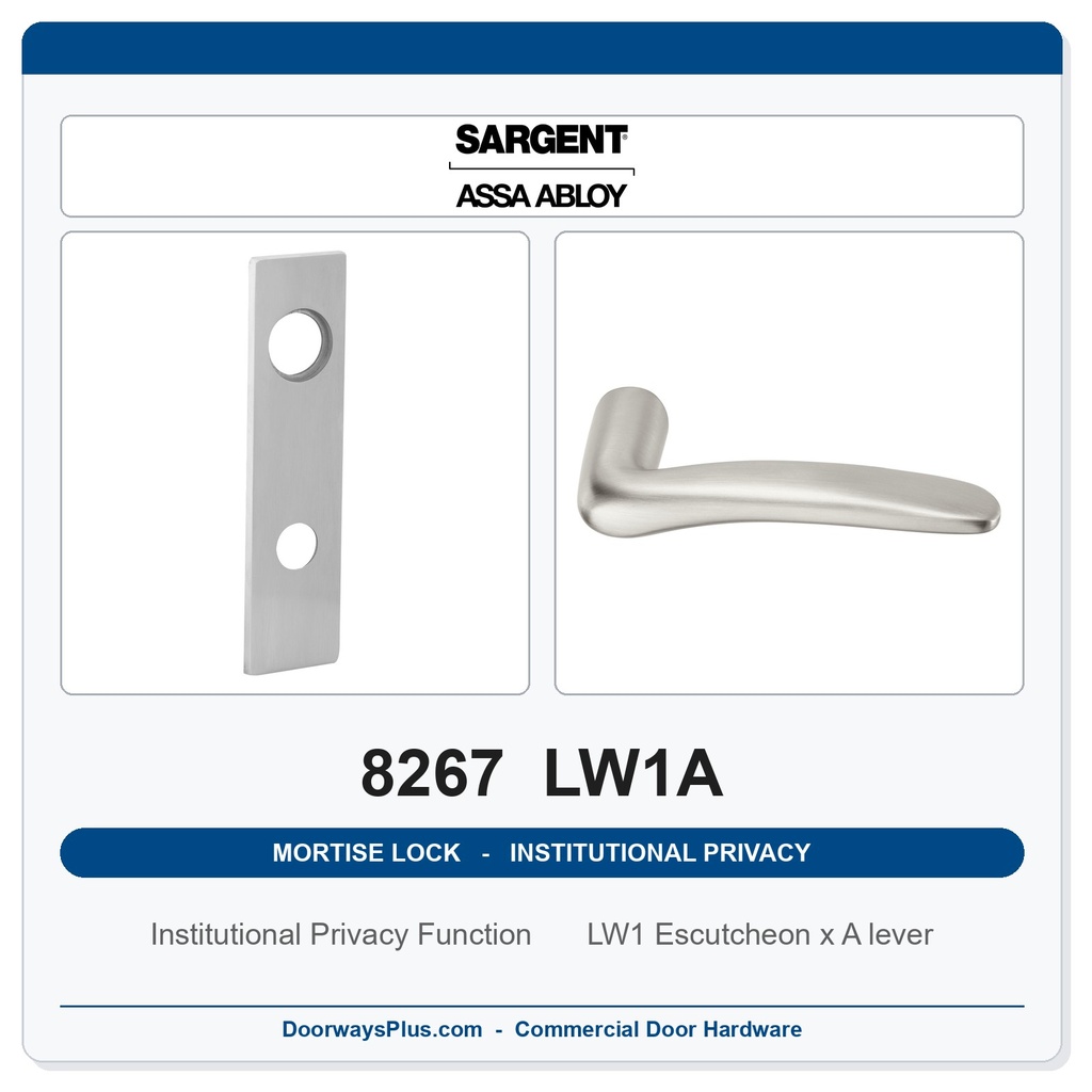 Sargent 8267 LW1A Trim Institutional Privacy Mortise Lockset | LA Keyway, Grade 1 Commercial