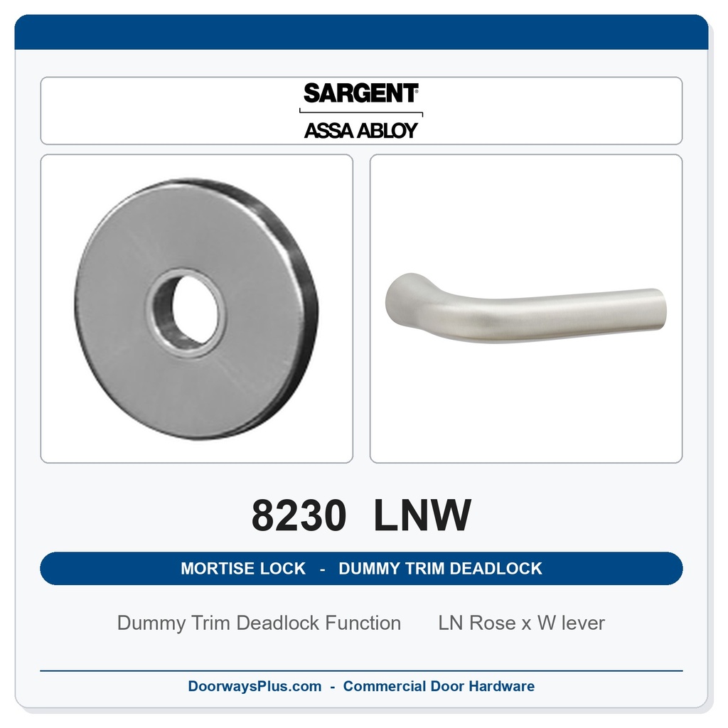 Sargent 8230 LNW Trim Dummy Trim Deadlock Mortise Deadbolt | LA Keyway, Grade 1 Commercial