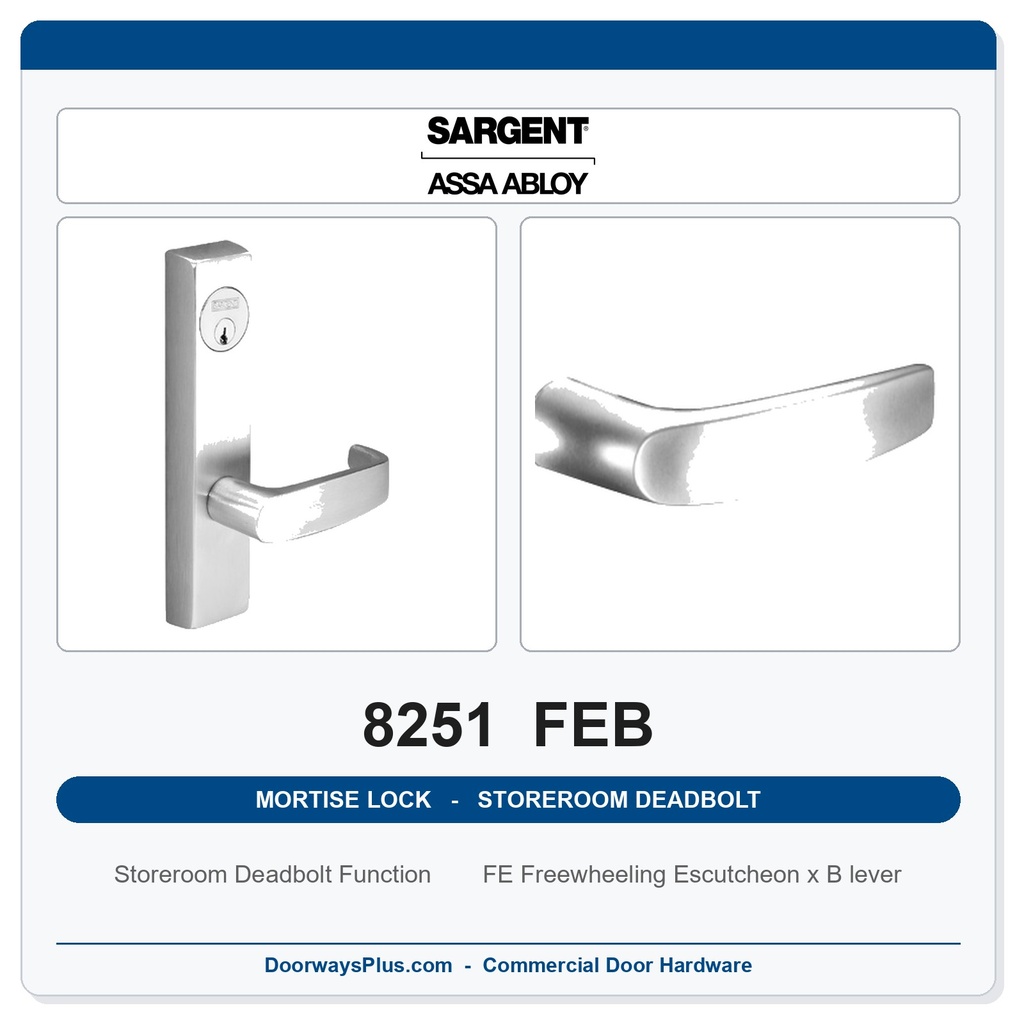 Sargent 8251 FEB Trim Storeroom Deadbolt Mortise Lockset | LA Keyway, Grade 1 Commercial