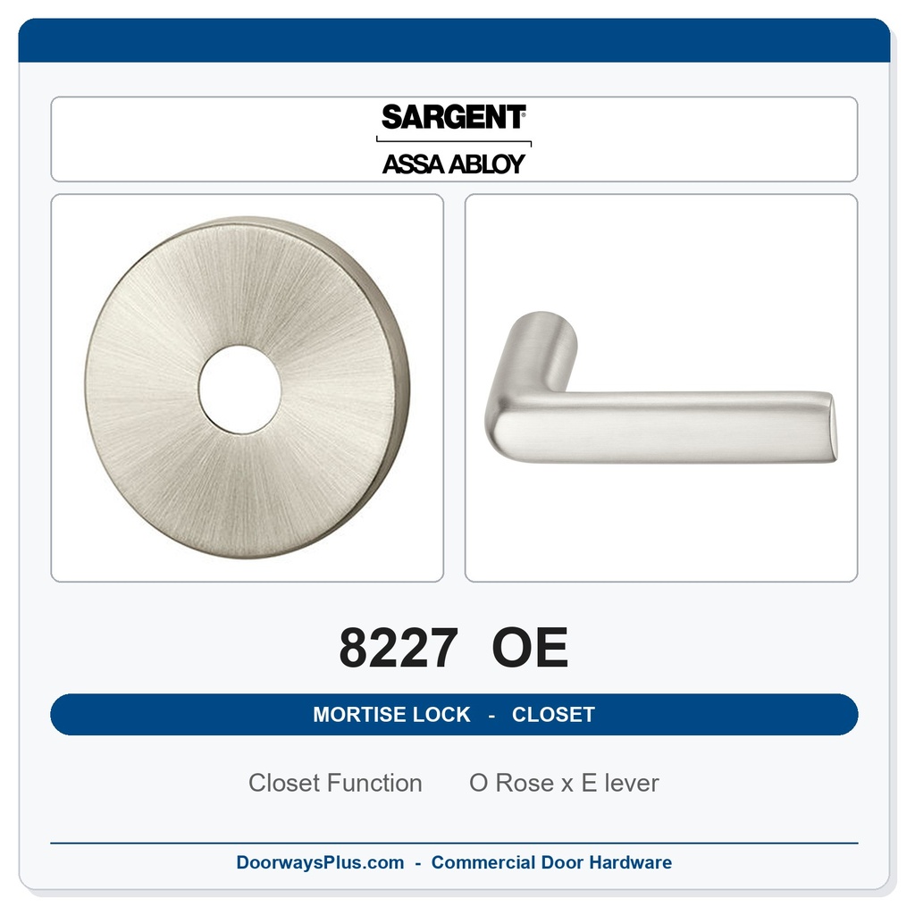 Sargent 8227 OE Trim Closet or Storeroom Mortise Lockset | LA Keyway, Grade 1 Commercial