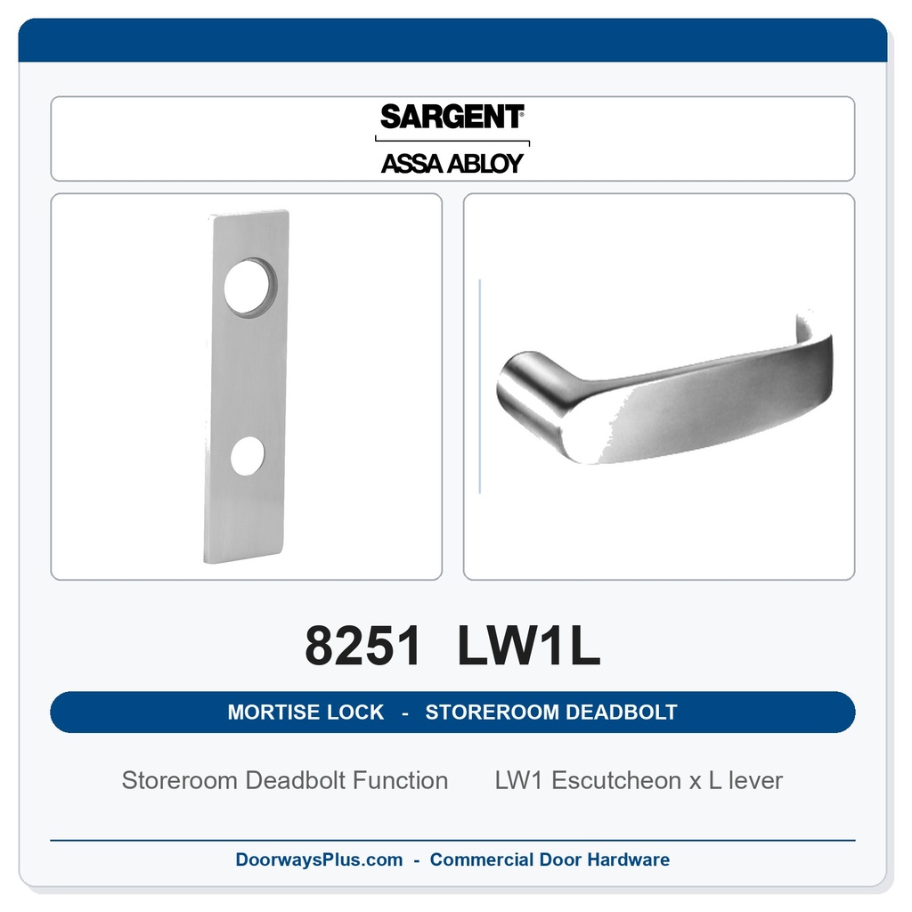 Sargent 8251 LW1L Trim Storeroom Deadbolt Mortise Lockset | LA Keyway, Grade 1 Commercial