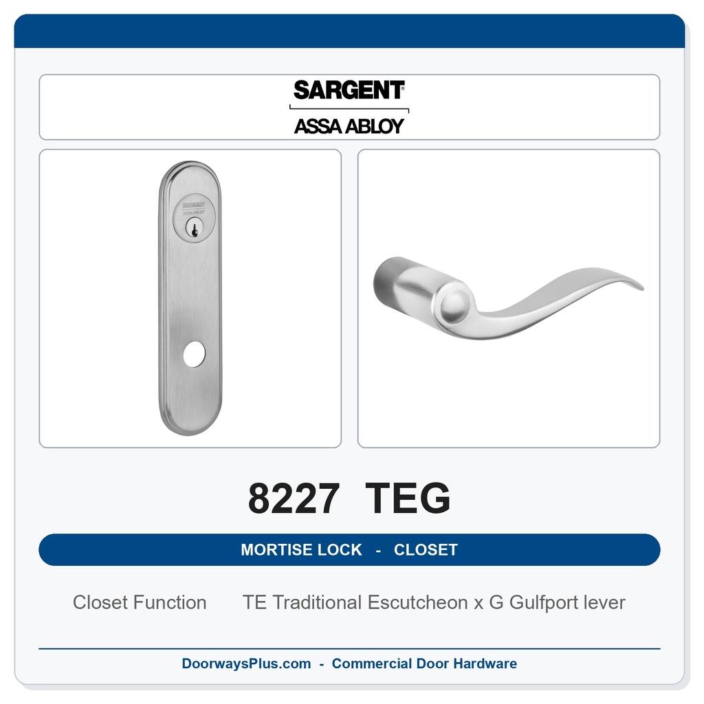 Sargent 8227 TEG Trim Closet or Storeroom Mortise Lockset | LA Keyway, Grade 1 Commercial