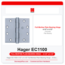 Hager EC1100 4-1/2" x 4-1/2" Full Mortise Plain Bearing Hinge – 5-Knuckle Steel