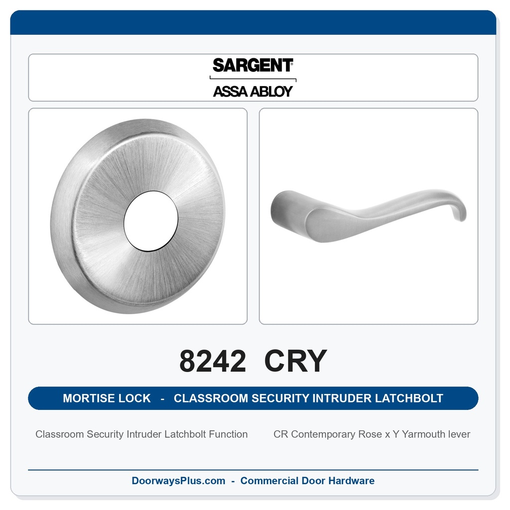 Sargent 8242 CRY Trim Classroom Security Intruder Latchbolt Mortise Lockset | LA Keyway, Grade 1 Commercial