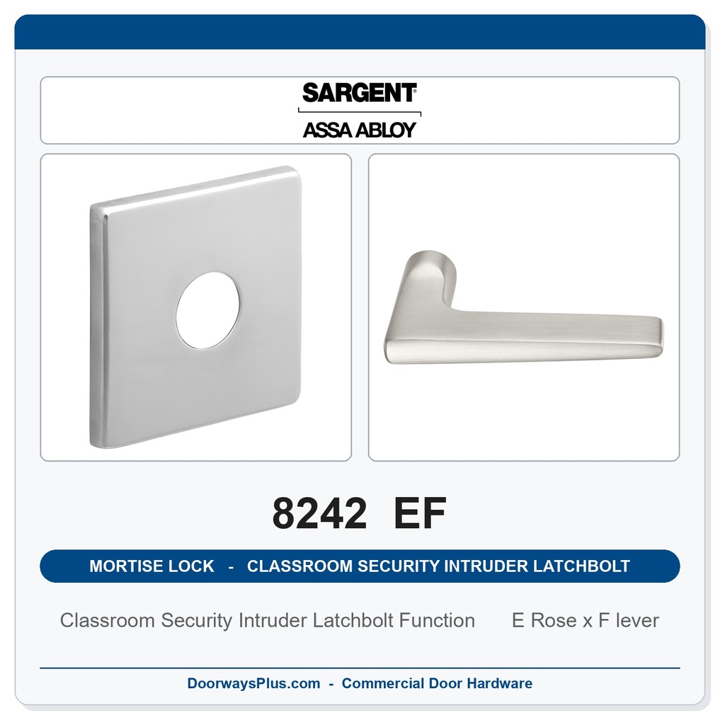 Sargent 8242 EF Trim Classroom Security Intruder Latchbolt Mortise Lockset | LA Keyway, Grade 1 Commercial